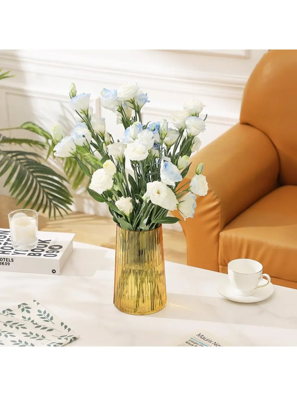 8 Inches Modern Yellow Glass Vase Flower Bouquet Living Room Bedroom Home Deco
